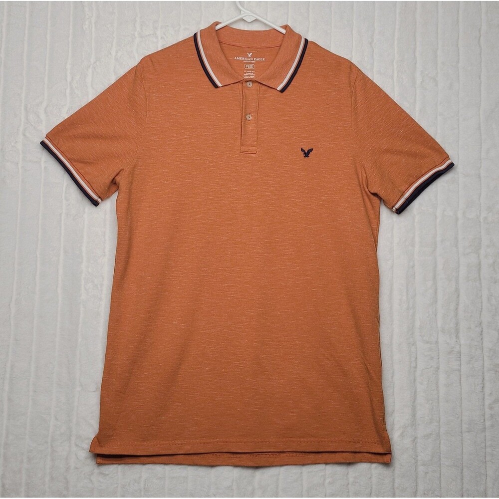 American Eagle Outfitters Men's LT Orange Flex Classic Fit Striped Polo Shirt